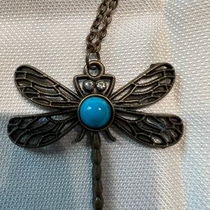 Vintage Dragonfly Pendant Necklace Turquoise Color Cabochon No Clasp Chain 13.5”